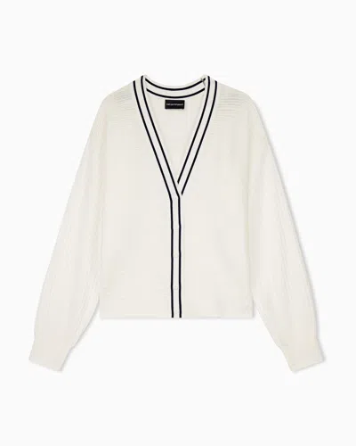 Emporio Armani Cardigan In Viscose With Ribbed Texture And Striped V-neck In White
