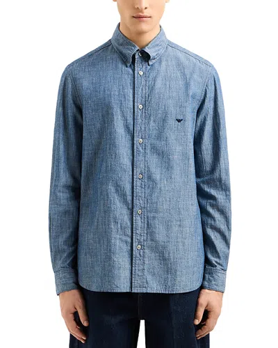 Emporio Armani Chambray Regular Fit Button Down Shirt In Subdued Blue