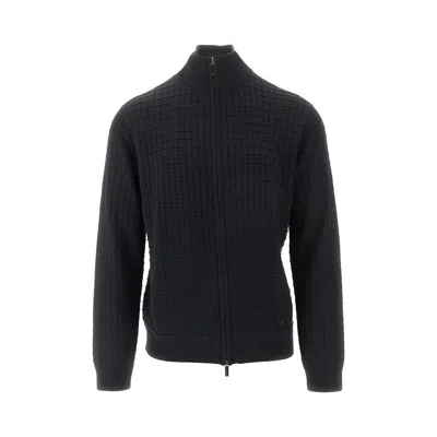 Emporio Armani Check Effect Wool-blend Cardigan In Black