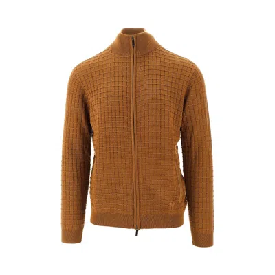 Emporio Armani Check Effect Wool-blend Cardigan In Brown