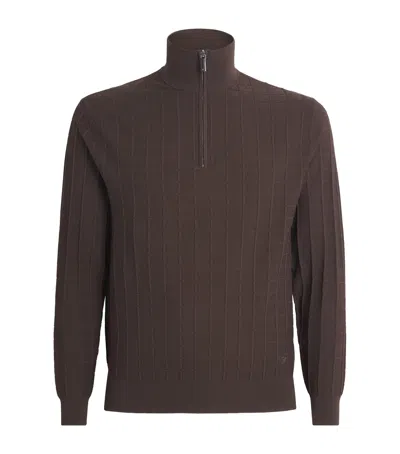 Emporio Armani Check-knit Quarter-zip Sweater In Brown