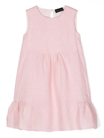 Emporio Armani Kids' Check-pattern Linen Dress In Pink
