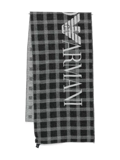 Emporio Armani Check-pattern Logo Scarf In Black