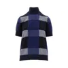 Emporio Armani Icon Short-sleeved Virgin Wool Mock-neck Jumper With A Plated Check Motif In Blue