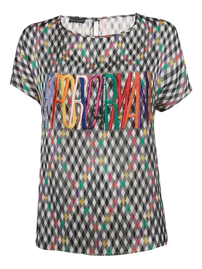 Pre-owned Emporio Armani Checked Logo-embroidered Blouse In Black