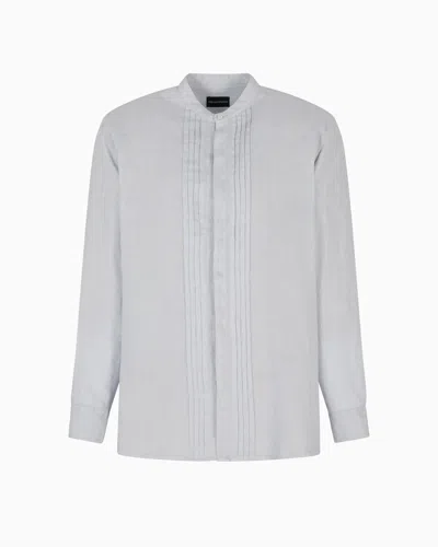 EMPORIO ARMANI GARMENT-DYED LINEN SHIRT WITH GURU COLLAR AND PLEATED DETAIL