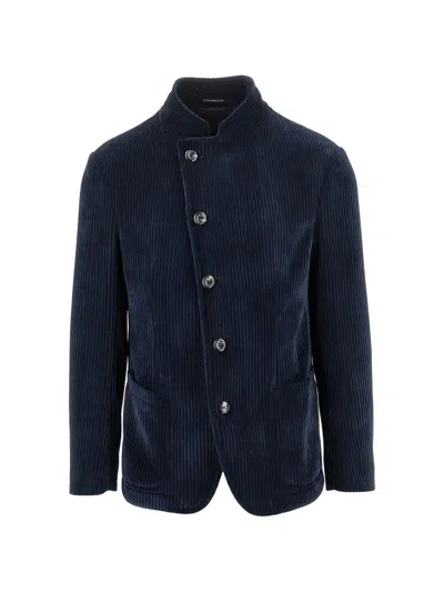 Emporio Armani Corduroy Mandarin-collar Jacket In Blue
