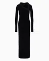 Emporio Armani Chenille Jersey Long Dress With Asymmetric Neckline And Rhinestones In Black