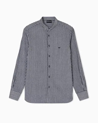 Emporio Armani Chenille Shirt With A Guru Collar With A Striped Motif In Black