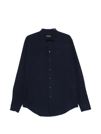 Emporio Armani Linen Blend Shirt Long Sleeves Cuffs In Blue