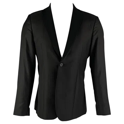 Pre-owned Emporio Armani Chest Size 38 Black Solid Wool Silk Notch Lapel Sport Coat