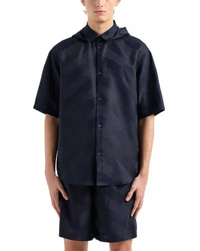 Emporio Armani Chevron Patterned Hooded Short Sleeve Button Down Shirt In Multi