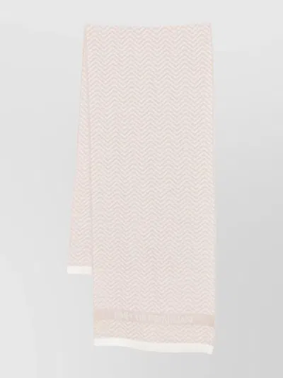 Emporio Armani Chevron Patterned Wool Scarf With Fringed Edges In Neutral