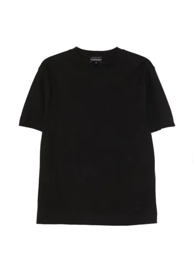 Emporio Armani Textured Cotton Crew Neck Short Sleeve Shirt In Black