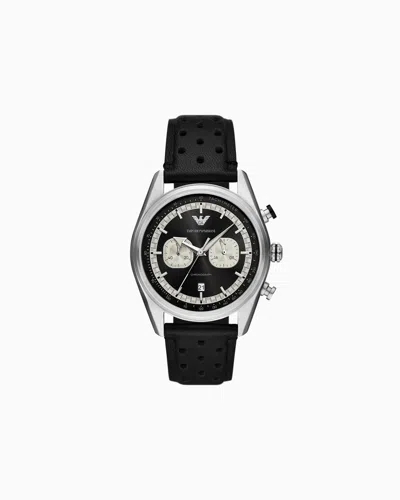 Emporio Armani Chronograph Black Leather Watch In Multicoloured