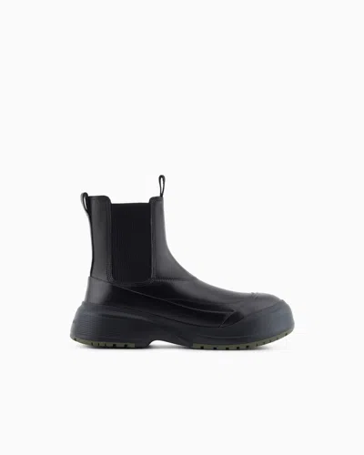 Emporio Armani Chunky Crust Leather Effect Ankle Boots In Black