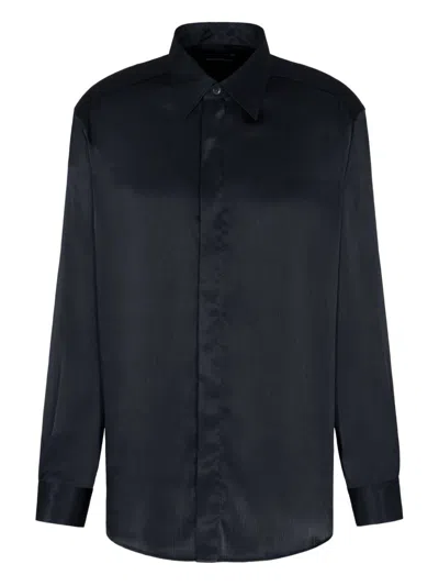Emporio Armani Long Sleeve Satin Shirt With Spread Collar In Black