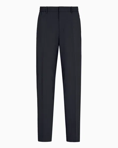 Emporio Armani Seersucker Nylon Trousers With Elasticated Back In Blue