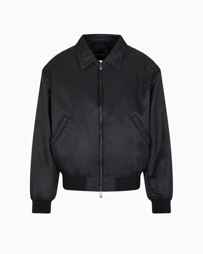 Emporio Armani Clubwear Satin Bomber Jacket With Rhinestones In Black