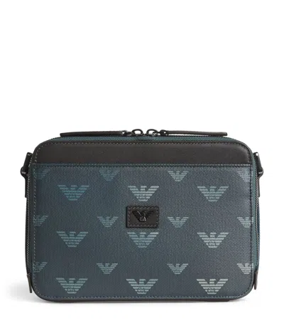 Emporio Armani Coated Canvas Eagle Cross-body Bag In Blue