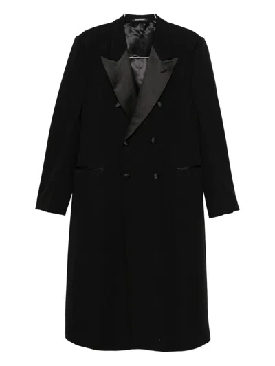 Emporio Armani Double-breasted Long Coat Satin Lapels In Black