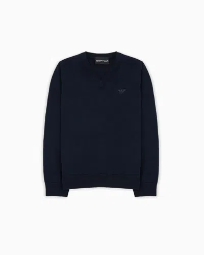 Emporio Armani Kids' Official Store Cob-stitch Cotton V-neck Jumper In Blue