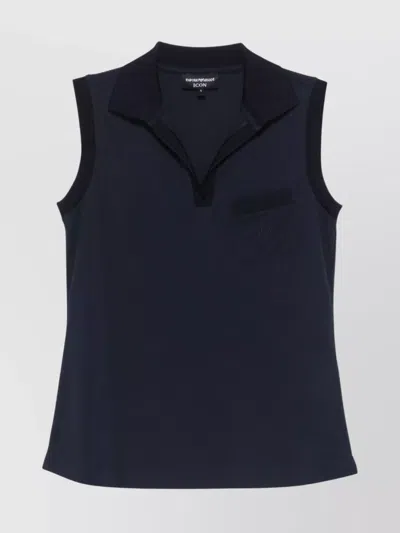 Emporio Armani Collared Sleeveless Top With Pocket And Slits In Blue