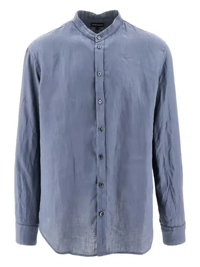 Emporio Armani Collarless Long-sleeve Shirt In Blue