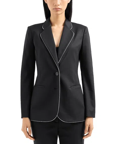 Emporio Armani Piped Single-breasted Cotton-blend Blazer In Solid Blue