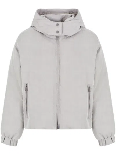 Emporio Armani Corduroy Hooded Puffer Jacket In Gray