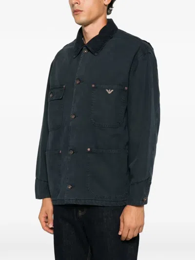 Emporio Armani Corduroy-collar Logo-plaque Jacket In Blue