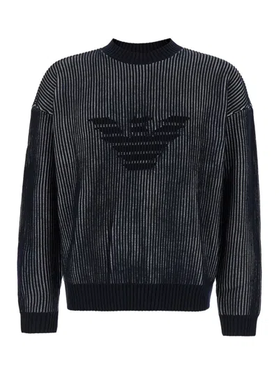 Emporio Armani Blue Sweater With Eagle Logo In Ribbed Wool And Cotton Man In Navy