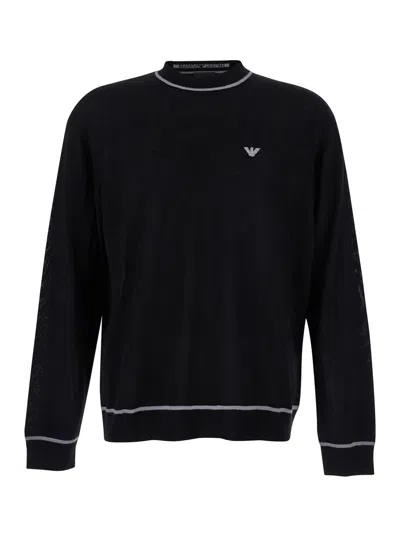 EMPORIO ARMANI BLACK SWEATER WITH LOGO EMBROIDERY IN WOOL WOMAN