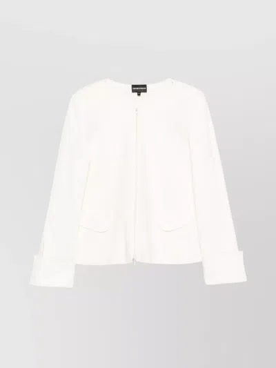 Emporio Armani Cotton Blazer Jacket With Shoulder Pads And Side Slit Pockets In White