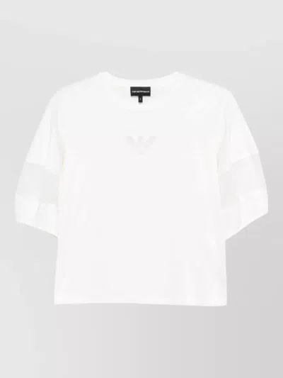 Emporio Armani Cotton Crew Neck Sweater Sheer Short Sleeves In White