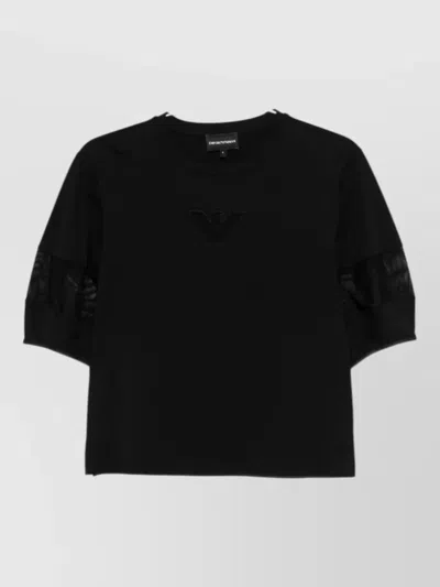 Emporio Armani Cotton Crew Neck Sweater Sheer Sleeves In Black