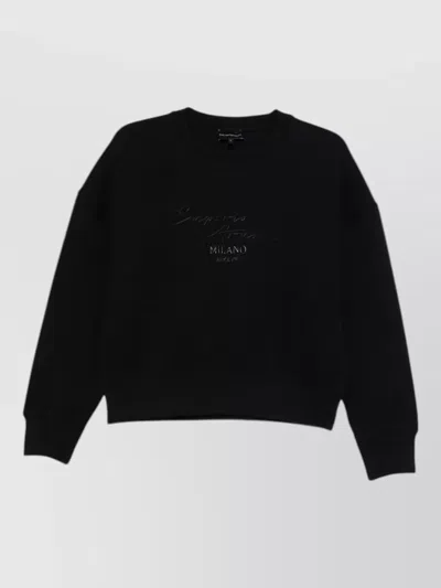 Emporio Armani Cotton Crew Neck Sweatshirt Ribbed Trims In Black
