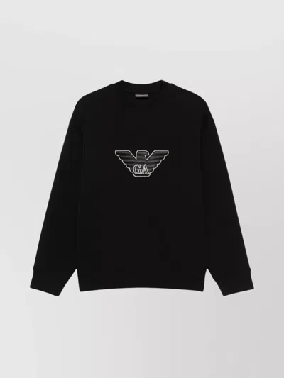 Emporio Armani Cotton Crew Neck Sweatshirt With Embroidered Logo In Black