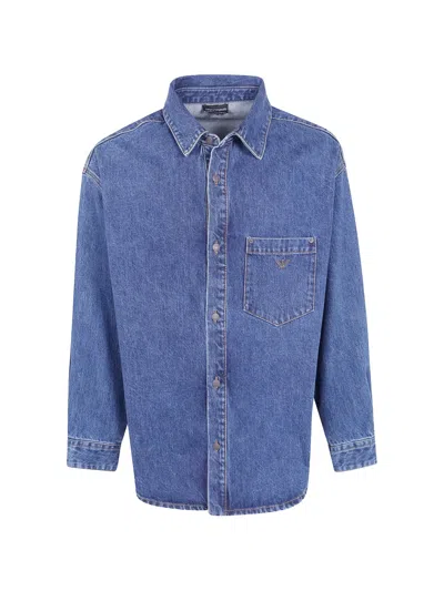 Emporio Armani Cotton Denim Shirt With A Chest Pocket And Metallic Buttons In Blue