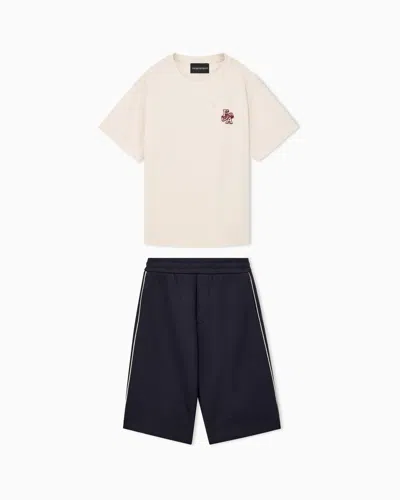 Emporio Armani Kids' Cotton Jersey T-shirt And Shorts Set With Embroidered Logo In Blue