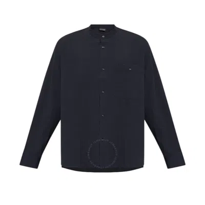 Emporio Armani Cotton Muslin Band-collar Shirt In Blue