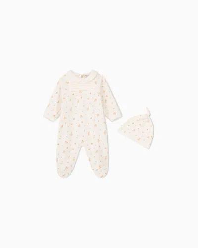 Emporio Armani Cotton Onesie And Knotted Hat Set With Animal Print In White