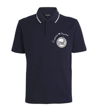 Emporio Armani Cotton Piqué Embroidered Polo Shirt In Blue