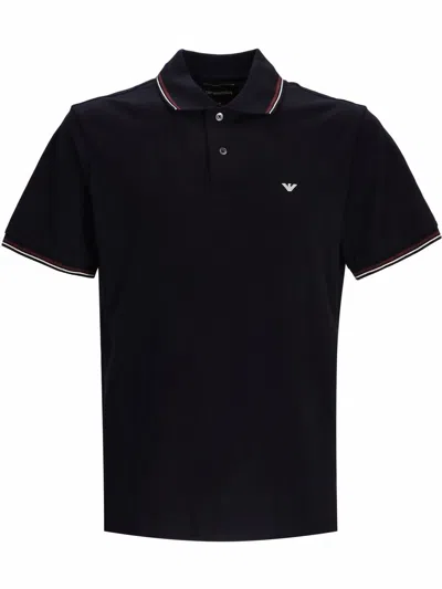 Emporio Armani Blue Short Sleeved Polo Shirt With Embroidery On The Front In Cotton Man