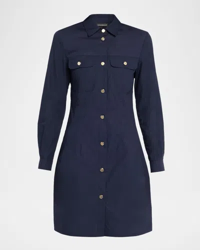 Emporio Armani Long Sleeve Cotton Poplin Button-up Shirtdress In Blue