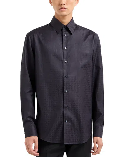 Emporio Armani Cotton Shirt With Allover Micro Jacquard Motif In Blue Navy