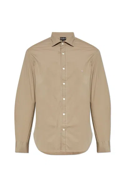 Emporio Armani Cotton Shirt With Embroidered Logo In Puder