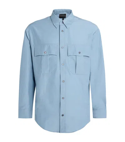 Emporio Armani Cotton-silk Patch-pocket Shirt In Faded Denim