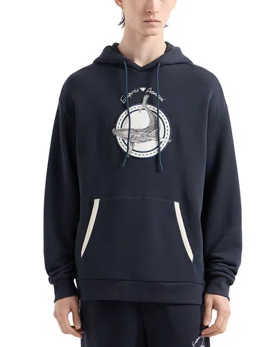 Emporio Armani Cotton Twill Whale Patch Regular Fit Hoodie In Navy