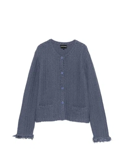 Emporio Armani Cotton-blend Fringed Blazer In Blue